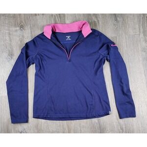 Horny Toad Womens Quarter Zip Long Sleeve Top Bue w/ Pink Cotton Blend Small